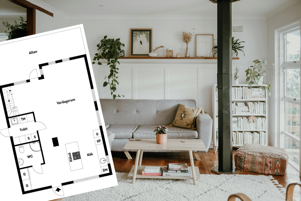 Real estate photograph of a living room and a floor plan overlay